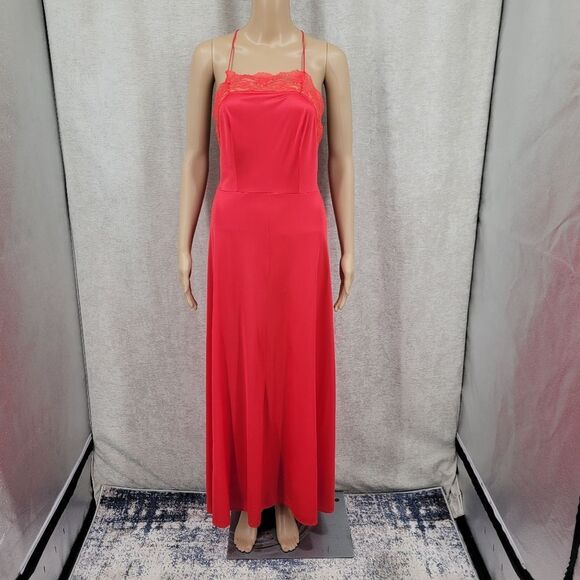 Vintage Nightgown Elegant Red Spaghetti Strap Slip Dress Open Back Lace - Picture 2 of 14